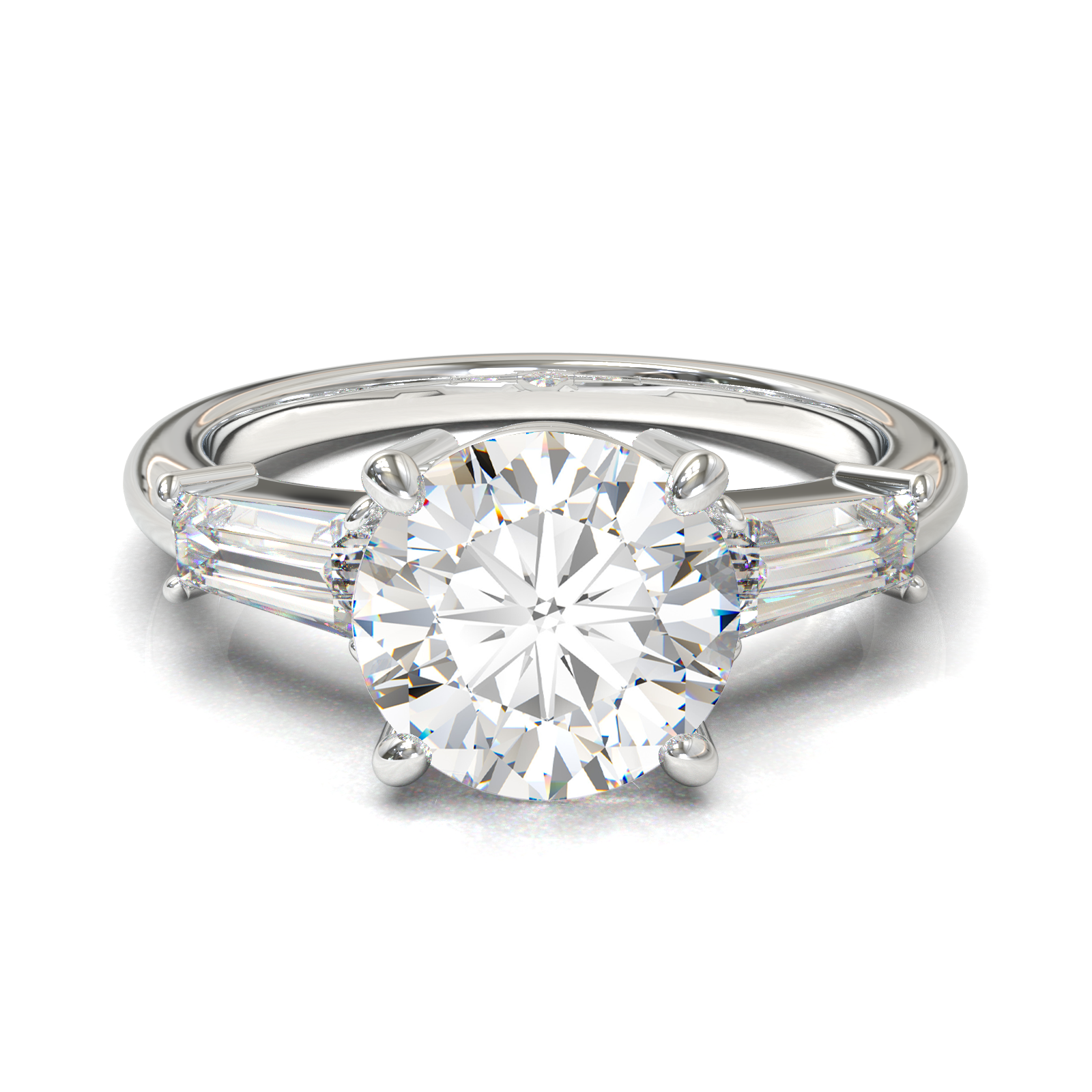 Anillo Tresillo Redondo con Baguettes Laterales Oro Blanco