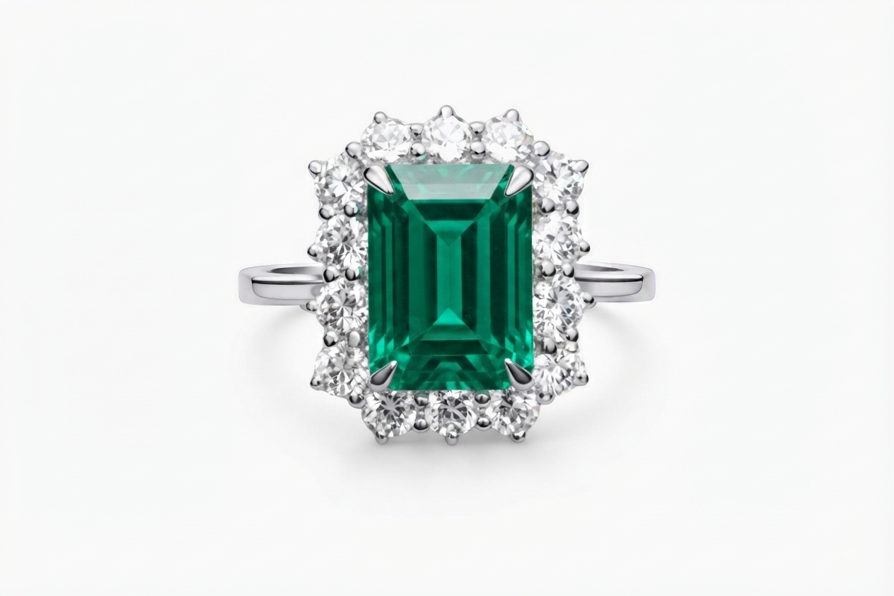 Anillo esmeralda con halo