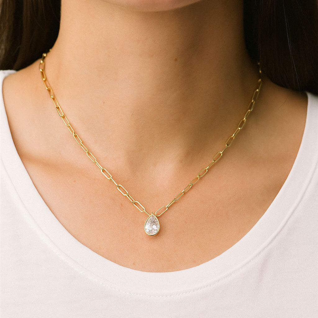 Pear Bezel Paperclip Necklace (North–South) · 1.00 ct
