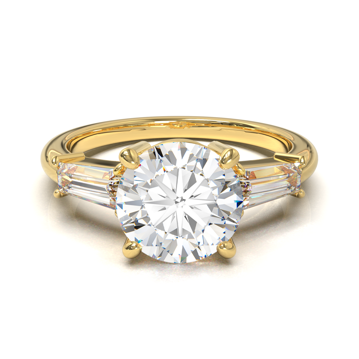 Anillo Tresillo Redondo con Baguettes Laterales Oro Amarillo