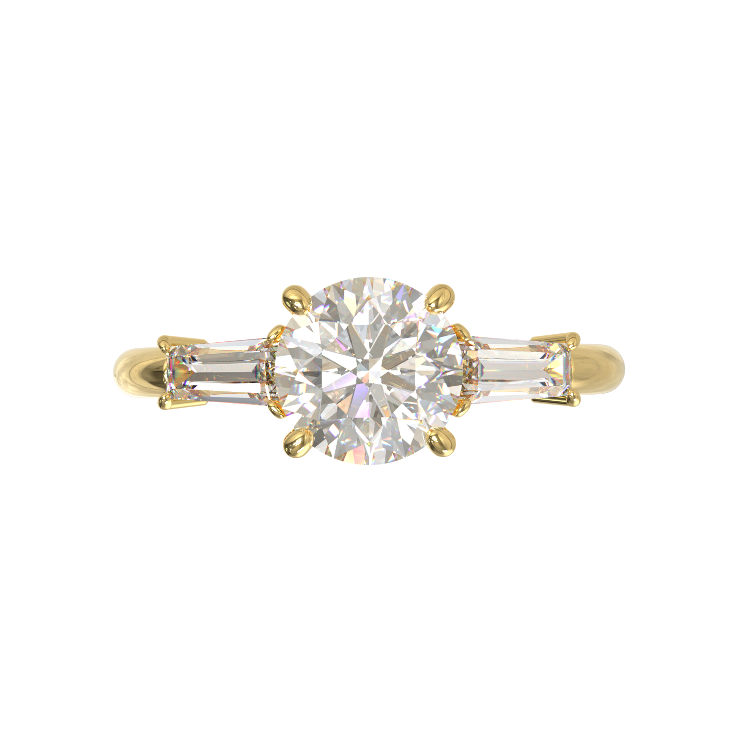 Anillo Tresillo Redondo con Baguettes Laterales Oro Amarillo